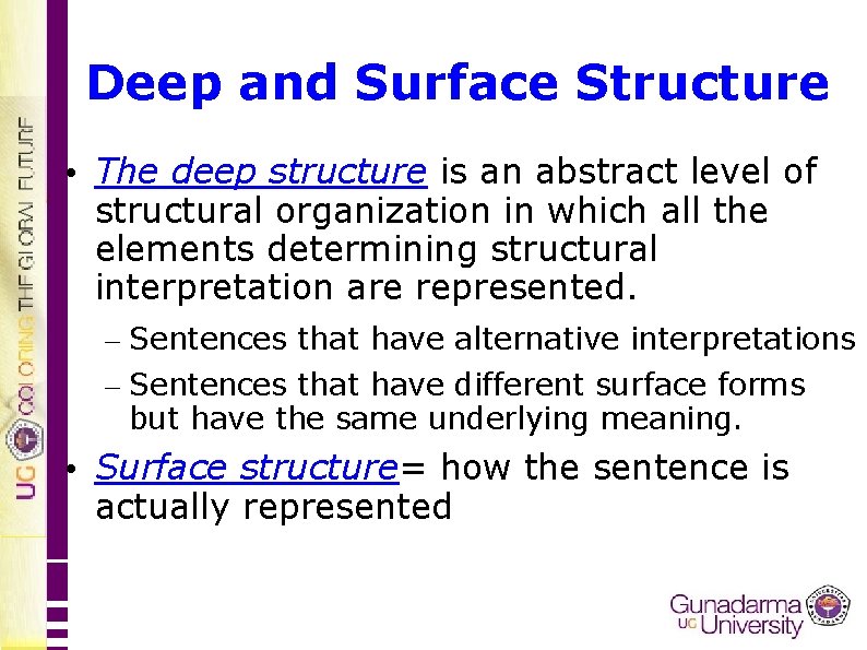 Deep and Surface Structure • The deep structure is an abstract level of structural