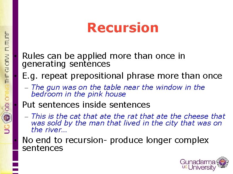 Recursion • Rules can be applied more than once in generating sentences • E.