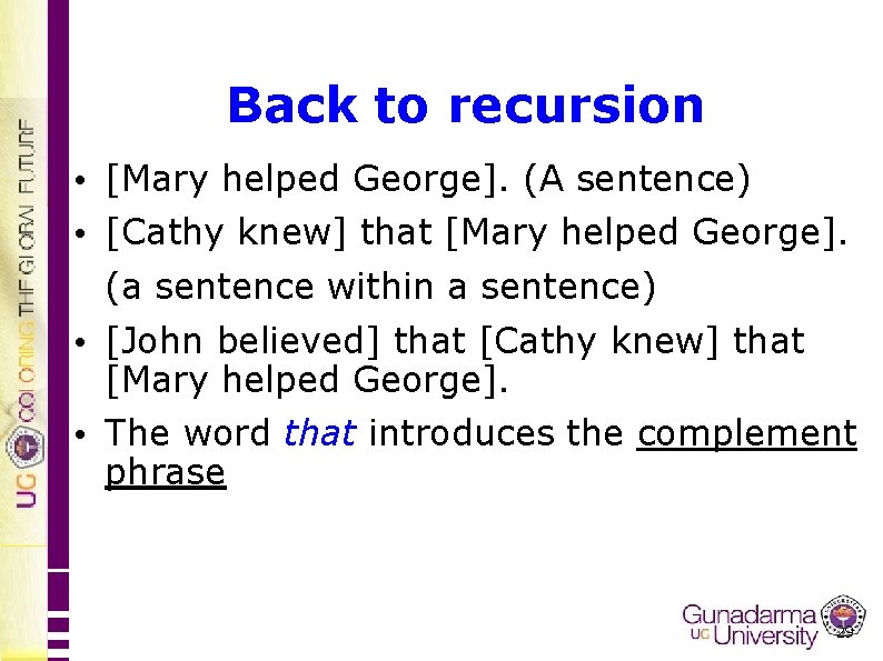 Back to recursion • [Mary helped George]. (A sentence) • [Cathy knew] that [Mary