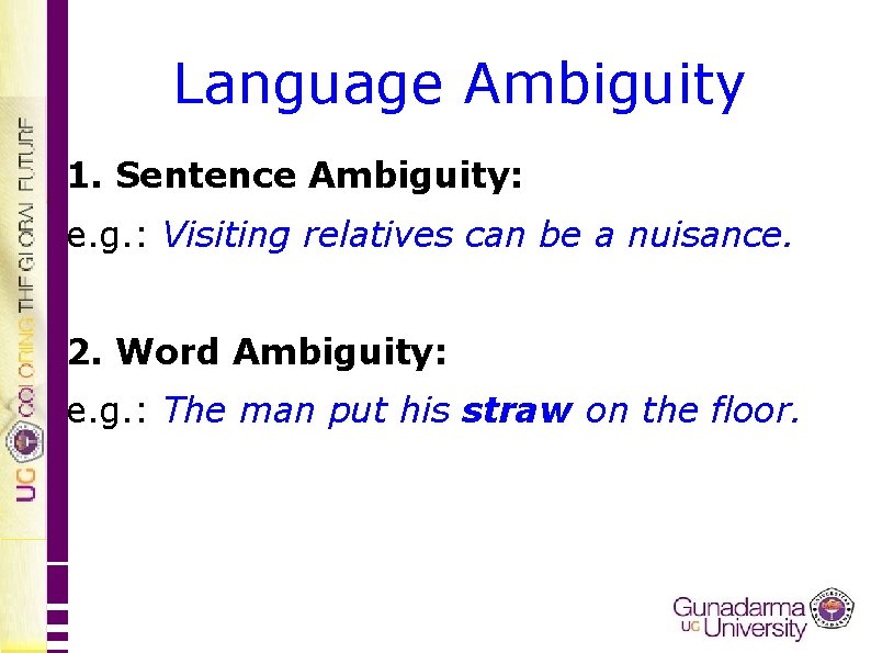 Language Ambiguity 1. Sentence Ambiguity: e. g. : Visiting relatives can be a nuisance.