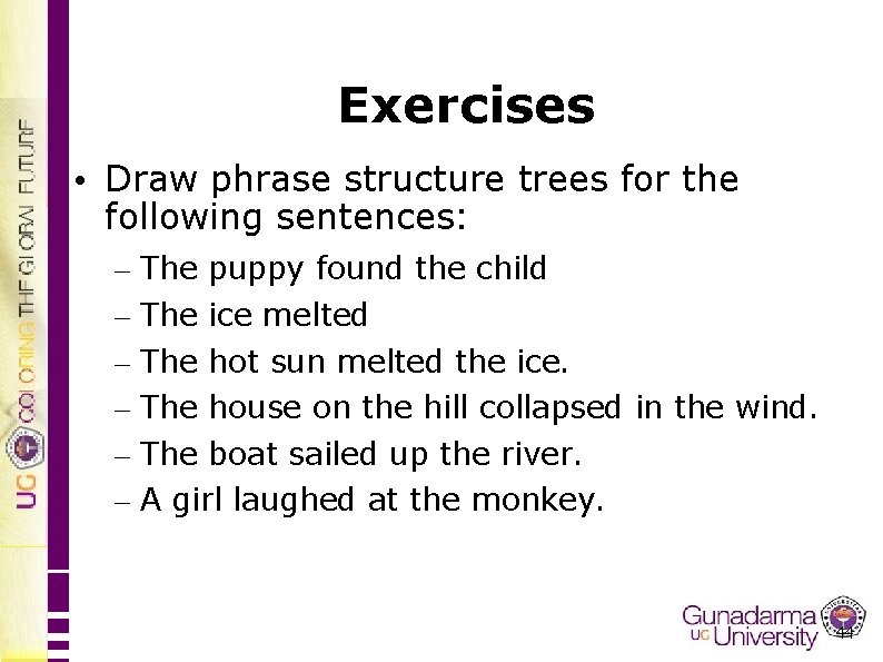 Exercises • Draw phrase structure trees for the following sentences: – The puppy found