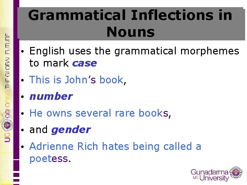 Grammatical Inflections in Nouns • English uses the grammatical morphemes to mark case •