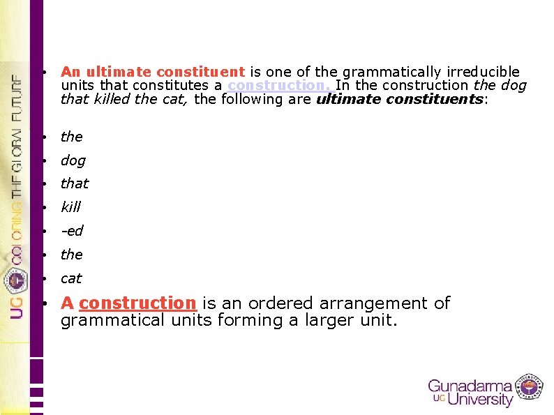  • An ultimate constituent is one of the grammatically irreducible units that constitutes