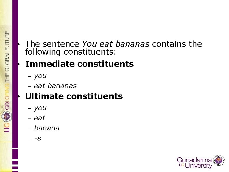  • The sentence You eat bananas contains the following constituents: • Immediate constituents