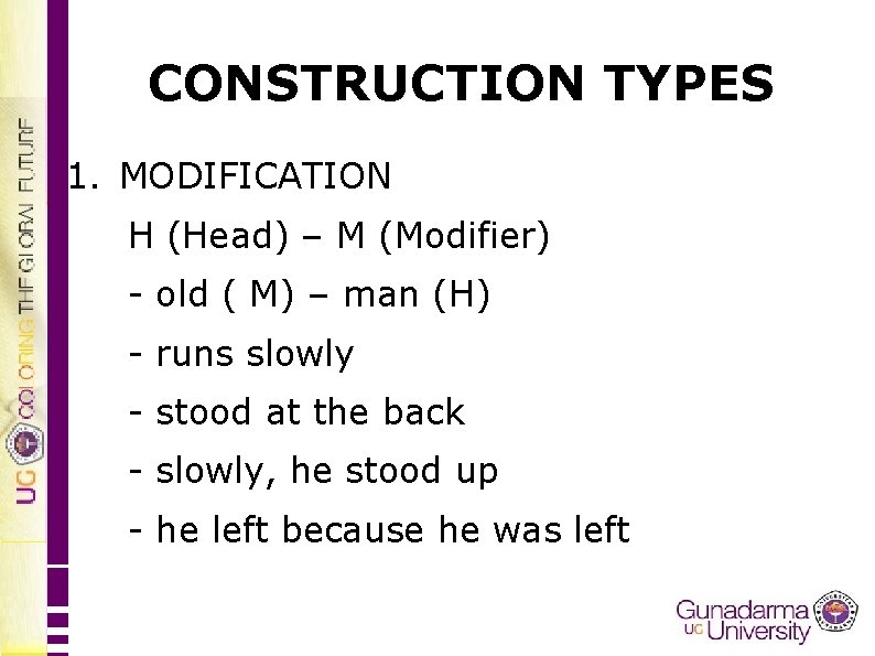 CONSTRUCTION TYPES 1. MODIFICATION H (Head) – M (Modifier) - old ( M) –