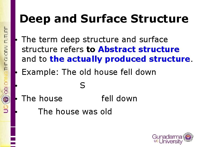 Deep and Surface Structure • The term deep structure and surface structure refers to