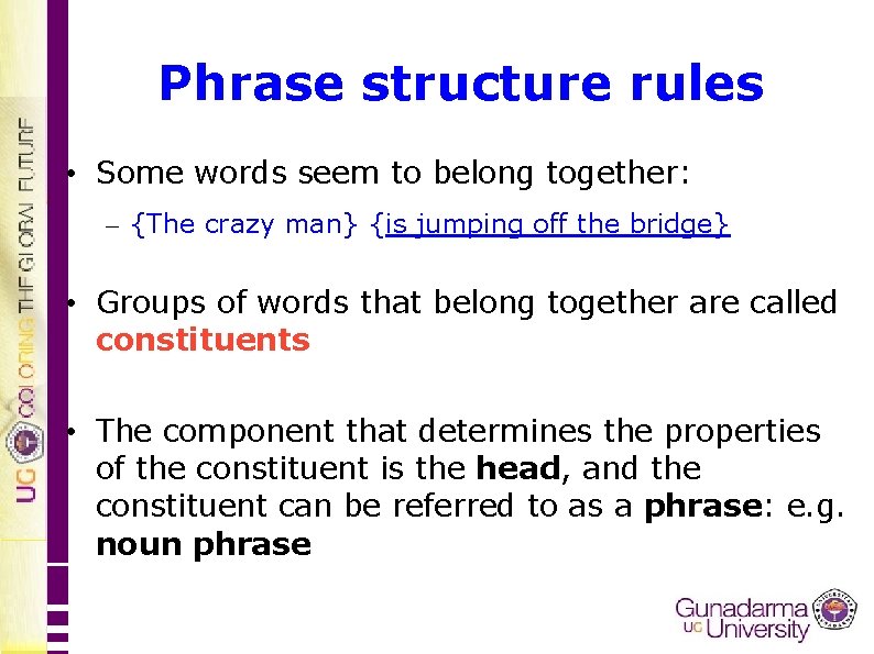 Phrase structure rules • Some words seem to belong together: – {The crazy man}