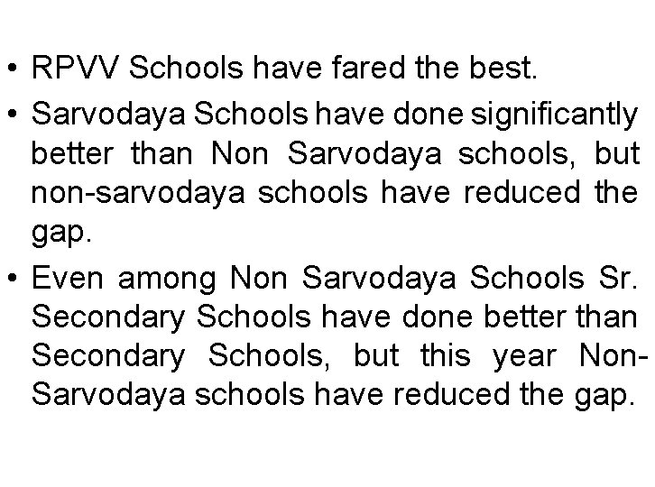  • RPVV Schools have fared the best. • Sarvodaya Schools have done significantly
