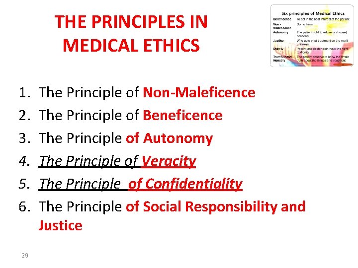 THE PRINCIPLES IN MEDICAL ETHICS 1. 2. 3. 4. 5. 6. 29 The Principle