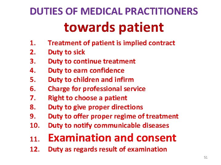 DUTIES OF MEDICAL PRACTITIONERS towards patient 1. 2. 3. 4. 5. 6. 7. 8.