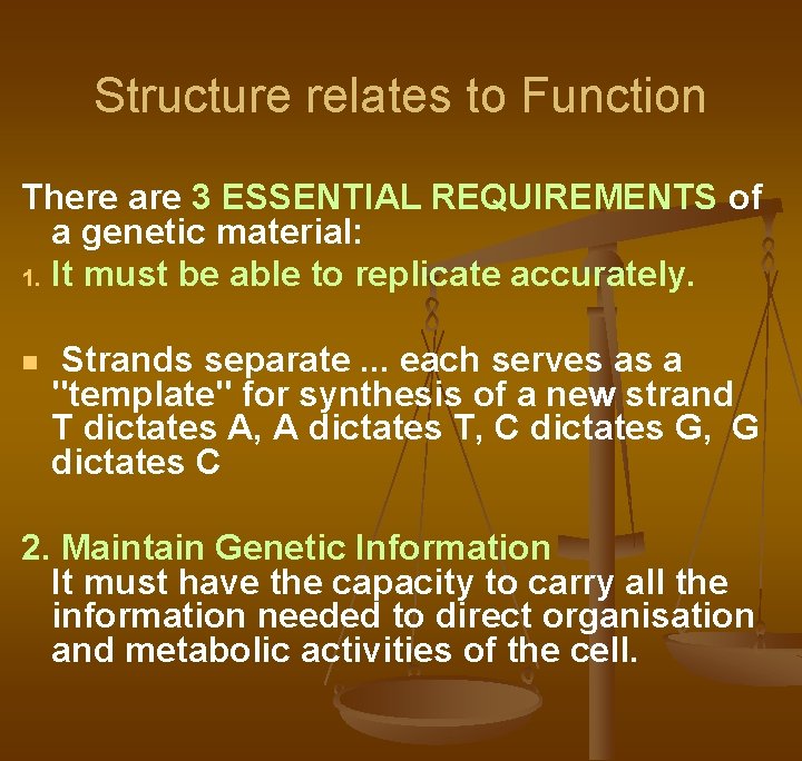 Structure relates to Function There are 3 ESSENTIAL REQUIREMENTS of a genetic material: 1.