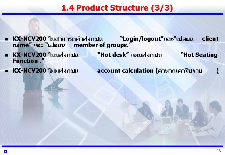 1. 4 Product Structure (3/3) n KX-NCV 200 ไมสามารถทำฟงกชน “Login/logout”และ“เปลยน name” และ “เปลยน member