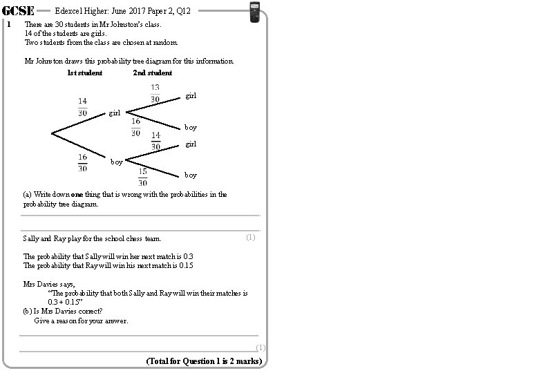 GCSE 1 Edexcel Higher: June 2017 Paper 2, Q 12 There are 30 students