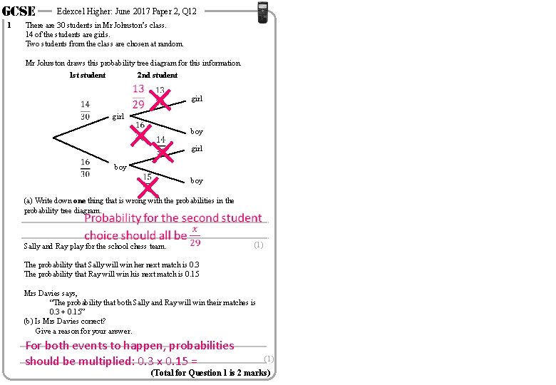 GCSE 1 Edexcel Higher: June 2017 Paper 2, Q 12 There are 30 students