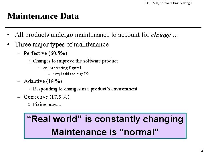 CSC 508, Software Engineering I Maintenance Data • All products undergo maintenance to account