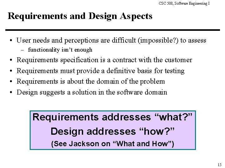 CSC 508, Software Engineering I Requirements and Design Aspects • User needs and perceptions