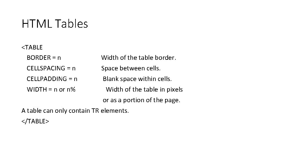 HTML Tables <TABLE BORDER = n CELLSPACING = n CELLPADDING = n WIDTH =