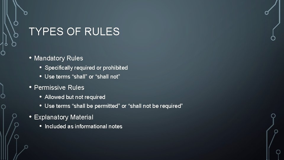 TYPES OF RULES • Mandatory Rules • • Specifically required or prohibited Use terms