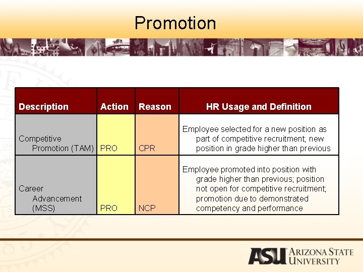Promotion Description Action Competitive Promotion (TAM) PRO Career Advancement (MSS) PRO Reason HR Usage