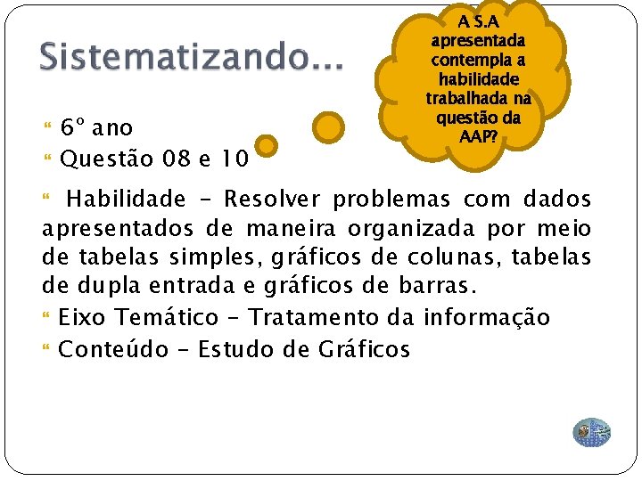  6º ano Questão 08 e 10 A S. A apresentada contempla a habilidade