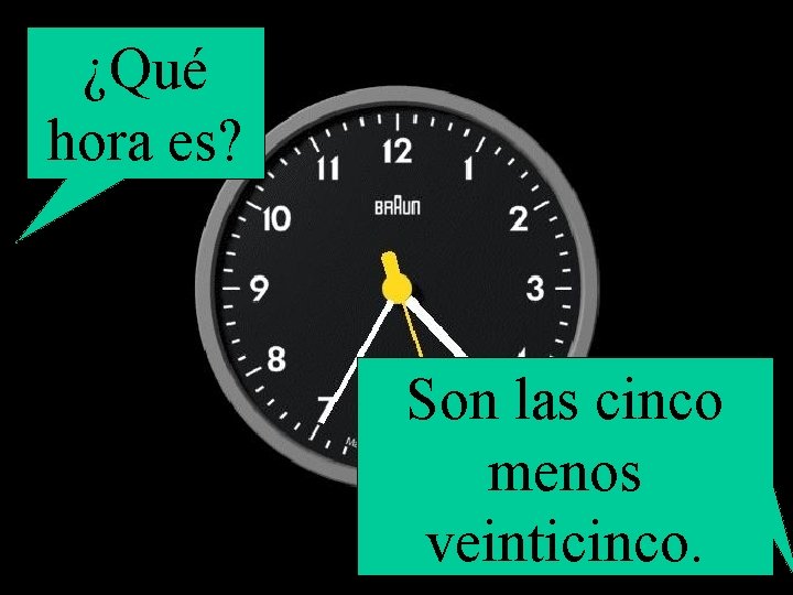 ¿Qué hora es? Son las cinco menos veinticinco. 