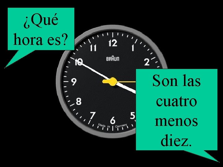 ¿Qué hora es? Son las cuatro menos diez. 