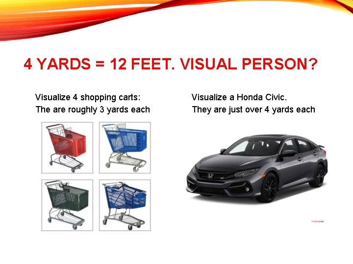 4 YARDS = 12 FEET. VISUAL PERSON? Visualize 4 shopping carts: The are roughly