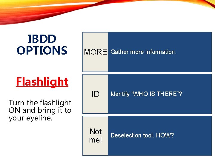 IBDD OPTIONS MORE Gather more information. Flashlight Call 911 Turn the flashlight ON and