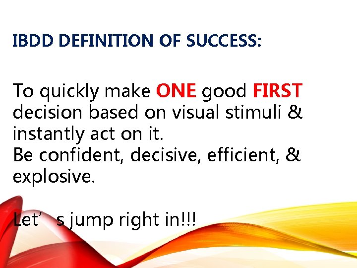 IBDD DEFINITION OF SUCCESS: To quickly make ONE good FIRST decision based on visual