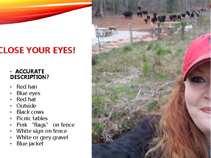 CLOSE YOUR EYES! • ACCURATE DESCRIPTION? • • • Red hair Blue eyes Red