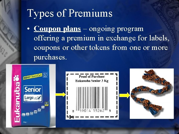 Types of Premiums • Coupon plans – ongoing program offering a premium in exchange