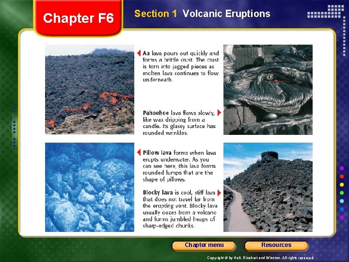 Chapter F 6 Section 1 Volcanic Eruptions Chapter menu Resources Copyright © by Holt,