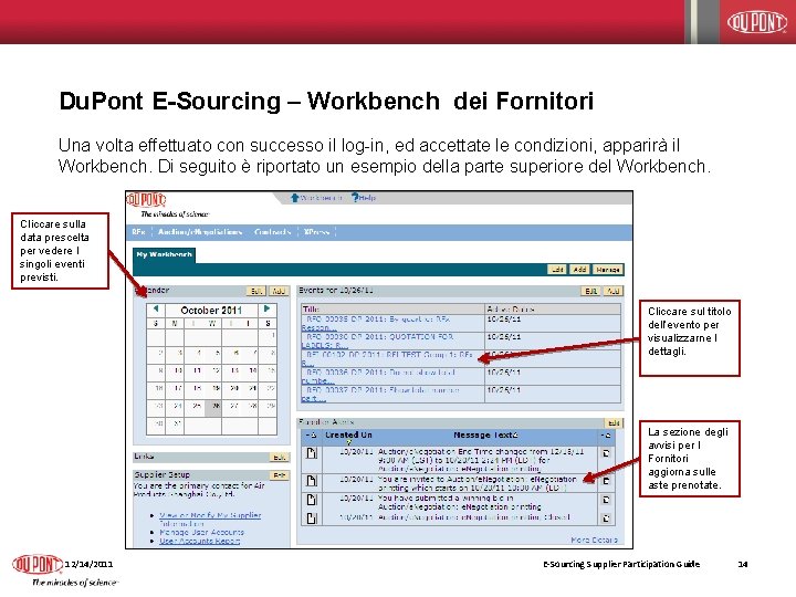 Du. Pont E-Sourcing – Workbench dei Fornitori Una volta effettuato con successo il log-in,