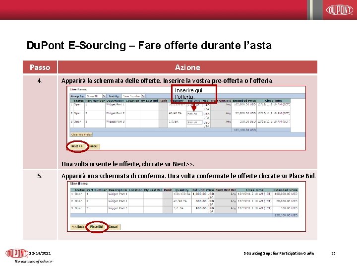 Du. Pont E-Sourcing – Fare offerte durante l’asta Passo 4. Azione Apparirà la schermata