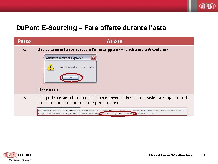 Du. Pont E-Sourcing – Fare offerte durante l’asta Passo 6. Azione Una volta inserita