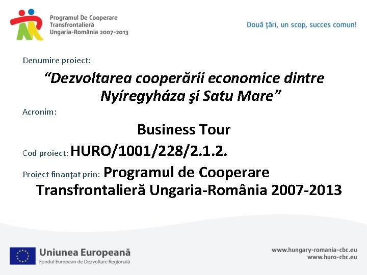 Denumire proiect: “Dezvoltarea cooperării economice dintre Nyíregyháza şi Satu Mare” Acronim: Business Tour Cod