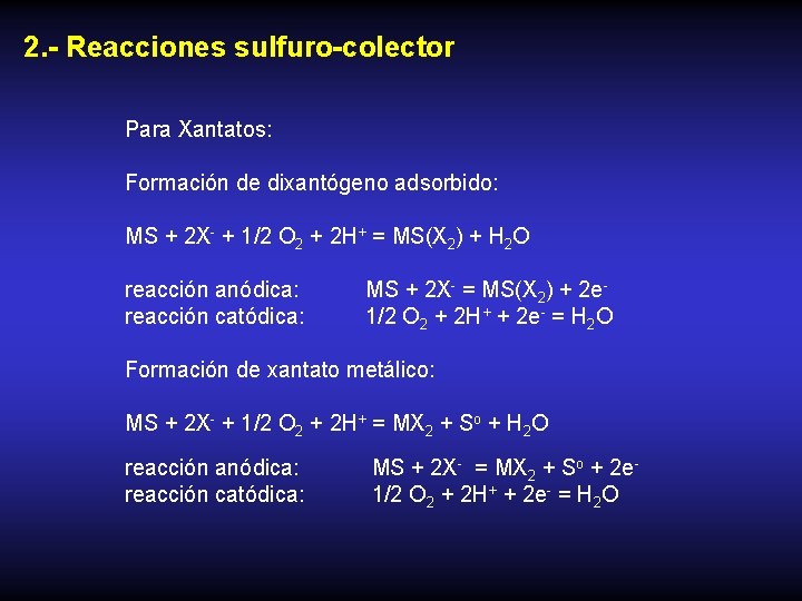 2. - Reacciones sulfuro-colector Para Xantatos: Formación de dixantógeno adsorbido: MS + 2 X-