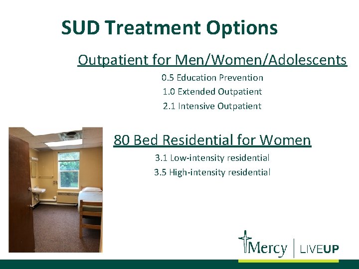 SUD Treatment Options Outpatient for Men/Women/Adolescents 0. 5 Education Prevention 1. 0 Extended Outpatient
