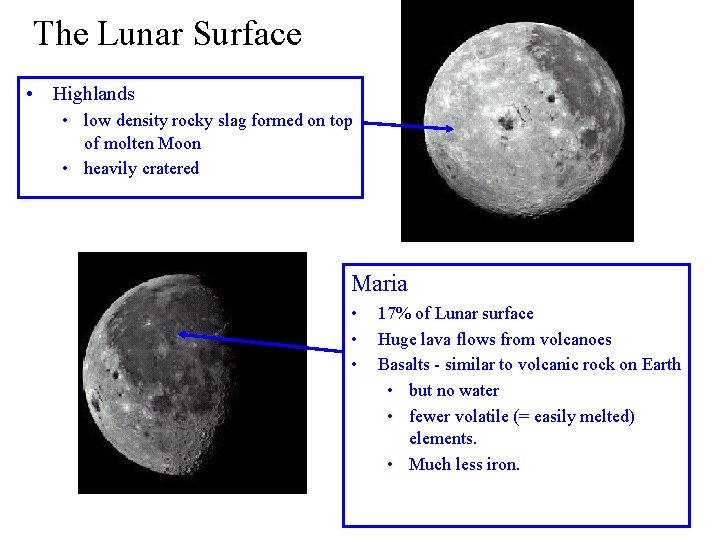 The Lunar Surface • Highlands • low density rocky slag formed on top of