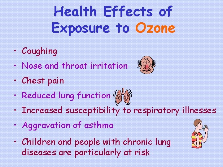 Health Effects of Exposure to Ozone • Coughing • Nose and throat irritation •