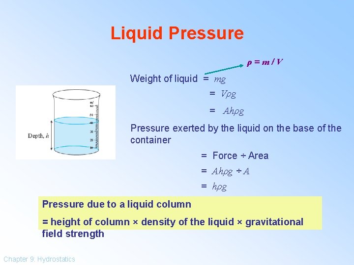 Liquid Pressure ρ=m/V Weight of liquid = mg = Vρg = Ahρg Pressure exerted