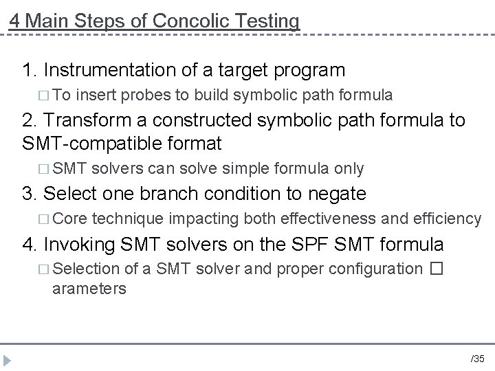 4 Main Steps of Concolic Testing 1 Instrumentation