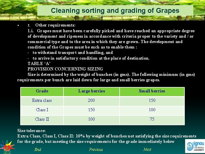 Cleaning sorting and grading of Grapes Other requirements: 1. i. Grapes must have been