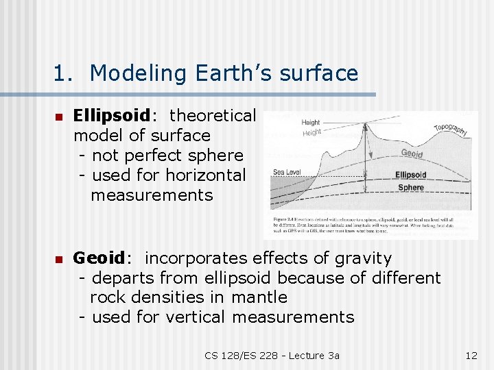 1. Modeling Earth’s surface n Ellipsoid: theoretical model of surface - not perfect sphere