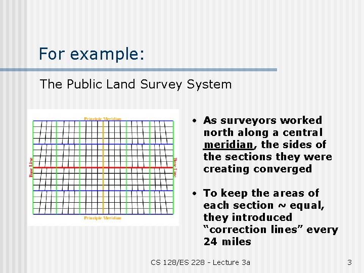 For example: The Public Land Survey System • As surveyors worked north along a