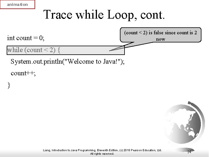 animation Trace while Loop, cont. int count = 0; (count < 2) is false animation Trace while Loop, cont. int count = 0; (count < 2) is false