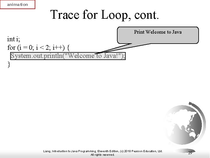 animation Trace for Loop, cont. Print Welcome to Java int i; for (i = animation Trace for Loop, cont. Print Welcome to Java int i; for (i =