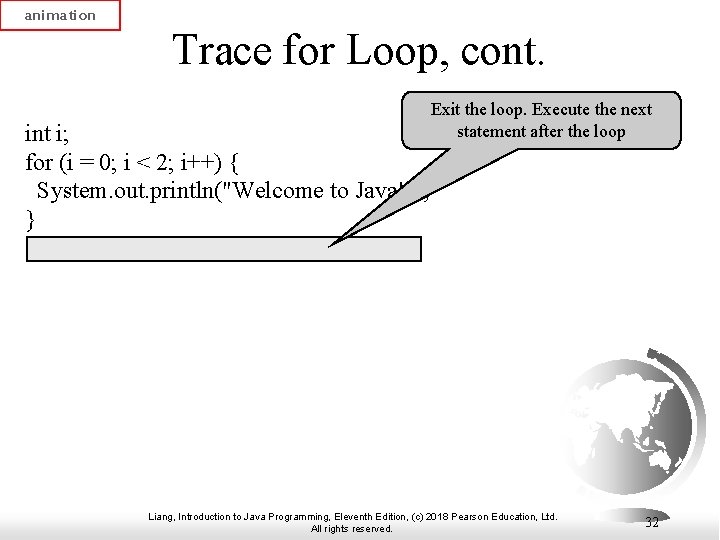 animation Trace for Loop, cont. int i; for (i = 0; i < 2; animation Trace for Loop, cont. int i; for (i = 0; i < 2;