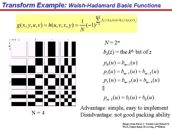 Transform Example: Walsh-Hadamard Basis Functions N = 2 m bk(z) = the kth bit