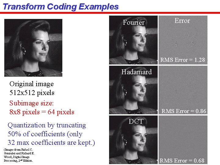 Transform Coding Examples Fourier Error RMS Error = 1. 28 Hadamard Original image 512